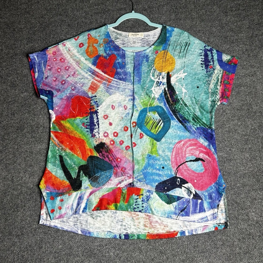 Jess And Jane Canvas Front Seam Light Knit Tunic top Size Large Abstract Artsy